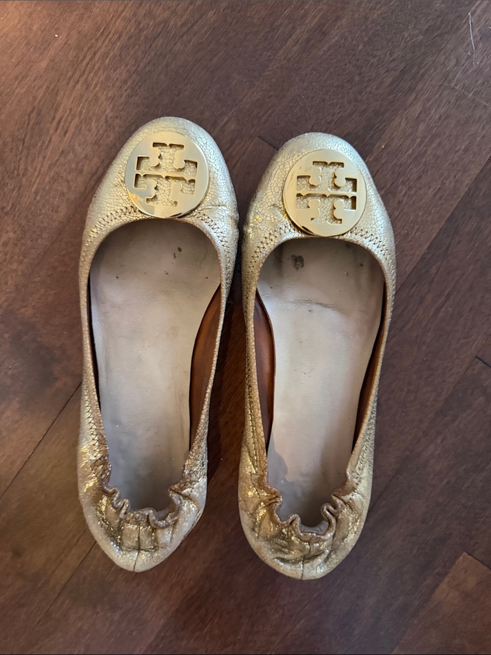 Tory Burch Metallic Gold Logo Ballet Flats